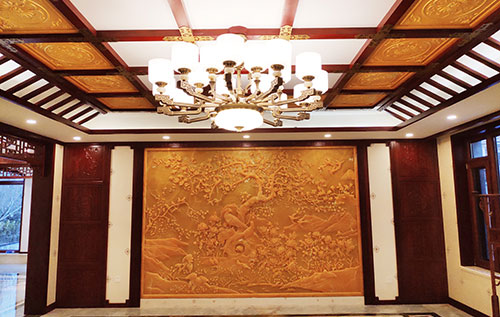 繁昌中式别墅客厅中式木作横梁吊顶装饰展示